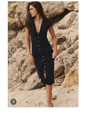 Free People New In Town Cotton Button Front Midi Dress Black XS Textured